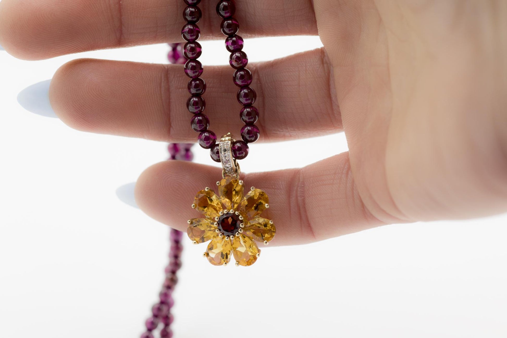 Citrine-Garnet Flower Pendant on Garnet Bead Necklace, 14K Yellow Gold