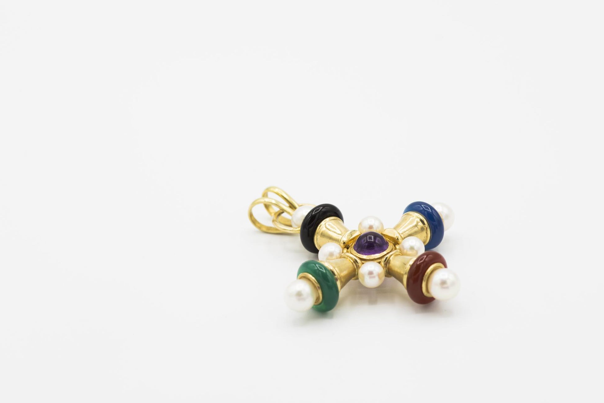 Fabulous Cultured Pearl Cross Pendant with Semiprecious Stones in 14K YG