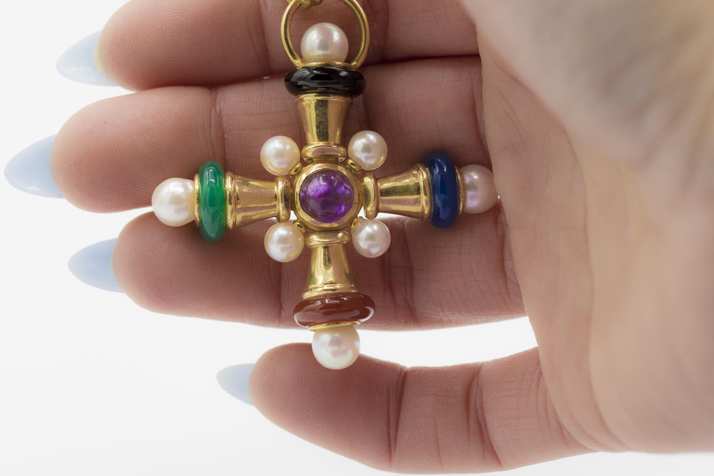 Fabulous Cultured Pearl Cross Pendant with Semiprecious Stones in 14K YG