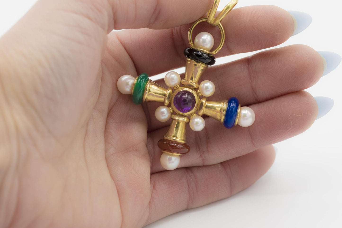 Fabulous Cultured Pearl Cross Pendant with Semiprecious Stones in 14K YG