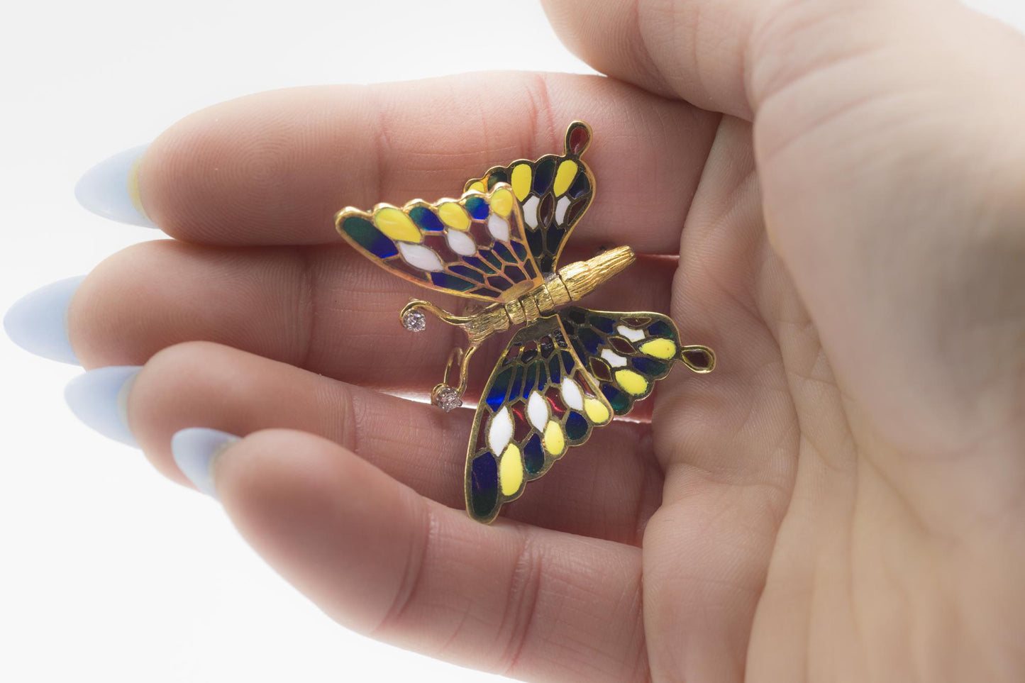 Vintage 14K Plique a Jour Articulated Butterfly Brooch/Pendant