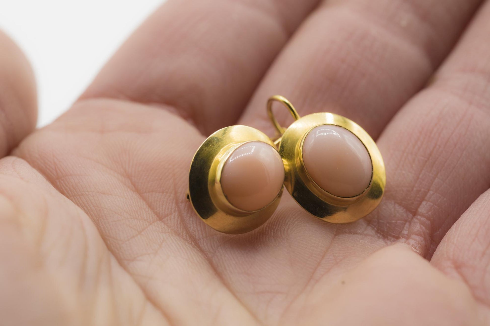 Angel Skin Coral Cabochon Earrings in 18K YG