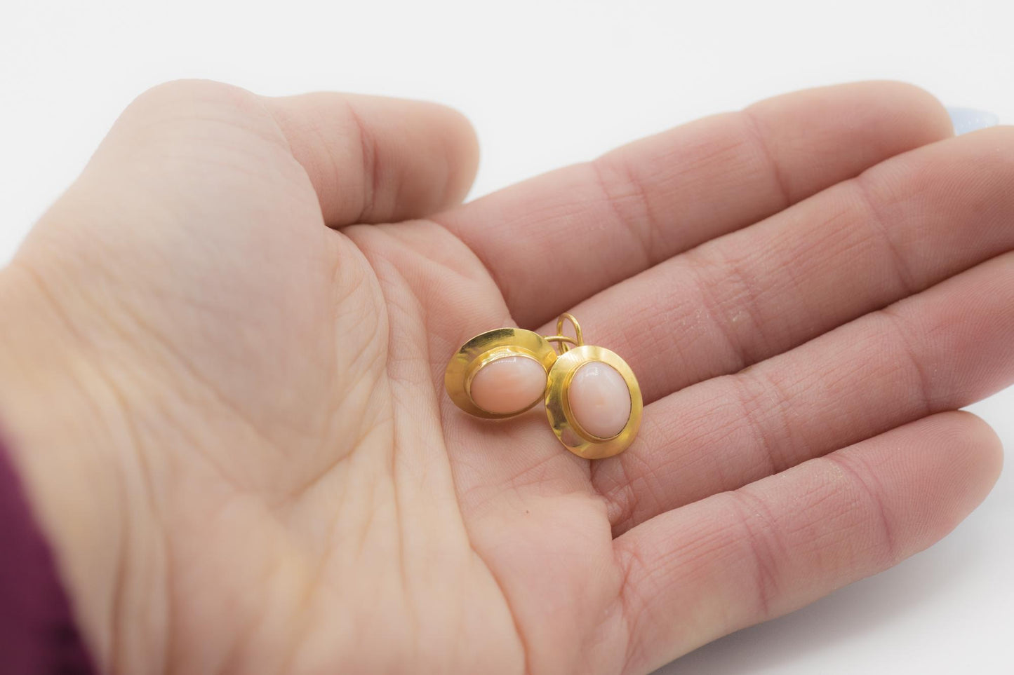 Angel Skin Coral Cabochon Earrings in 18K YG
