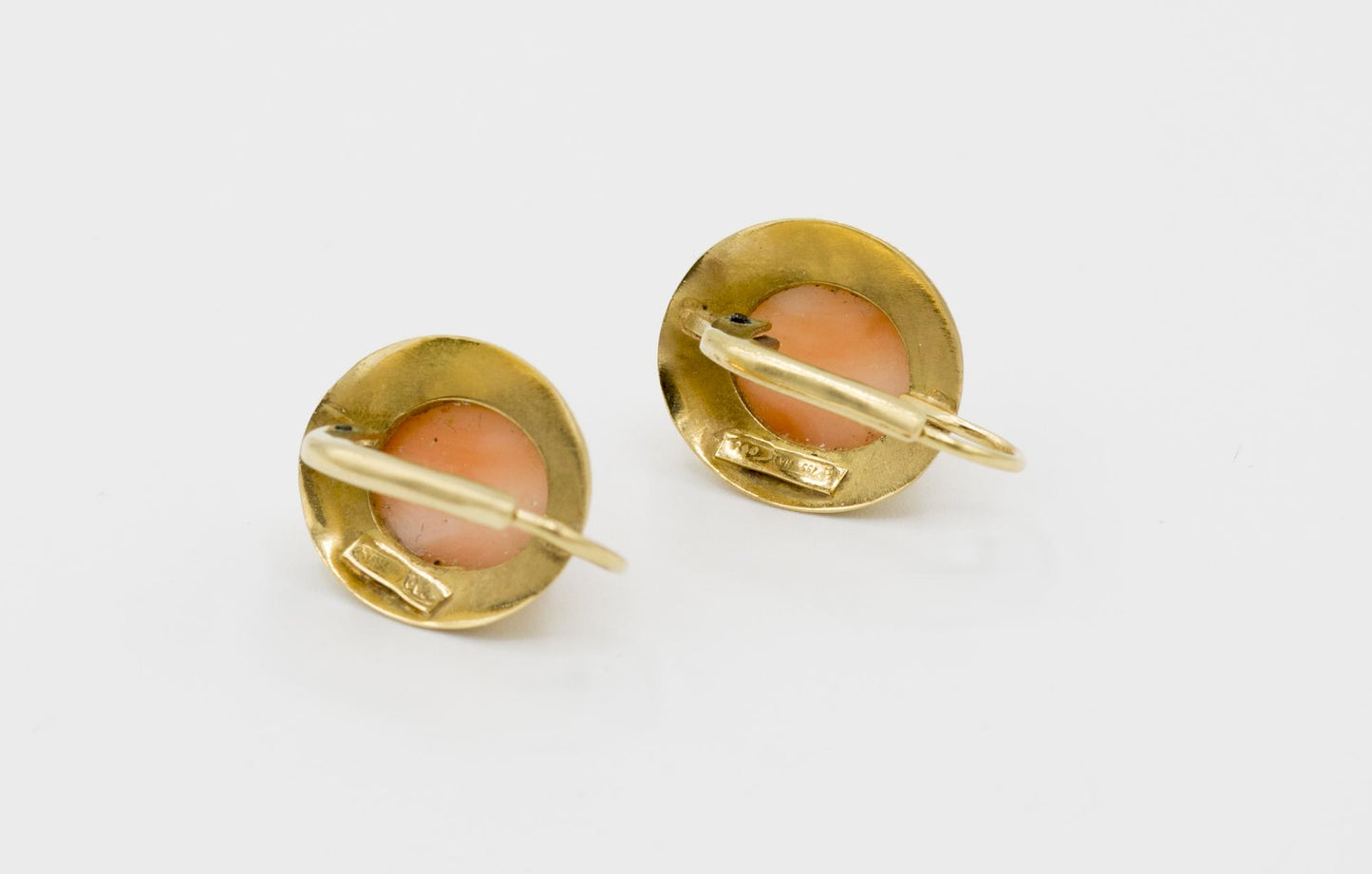 Angel Skin Coral Cabochon Earrings in 18K YG
