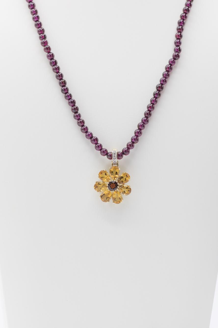 Citrine-Garnet Flower Pendant on Garnet Bead Necklace, 14K Yellow Gold