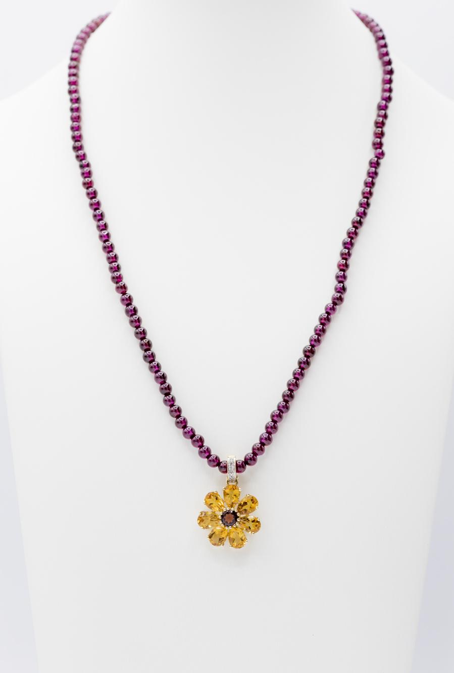 Citrine-Garnet Flower Pendant on Garnet Bead Necklace, 14K Yellow Gold