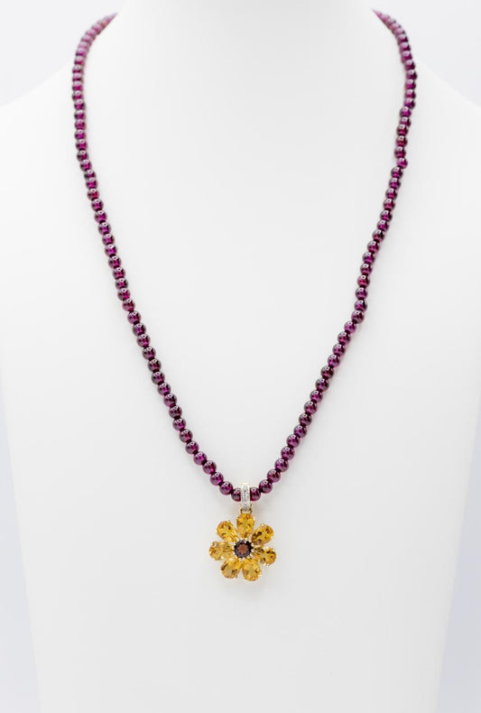 Citrine-Garnet Flower Pendant on Garnet Bead Necklace, 14K Yellow Gold