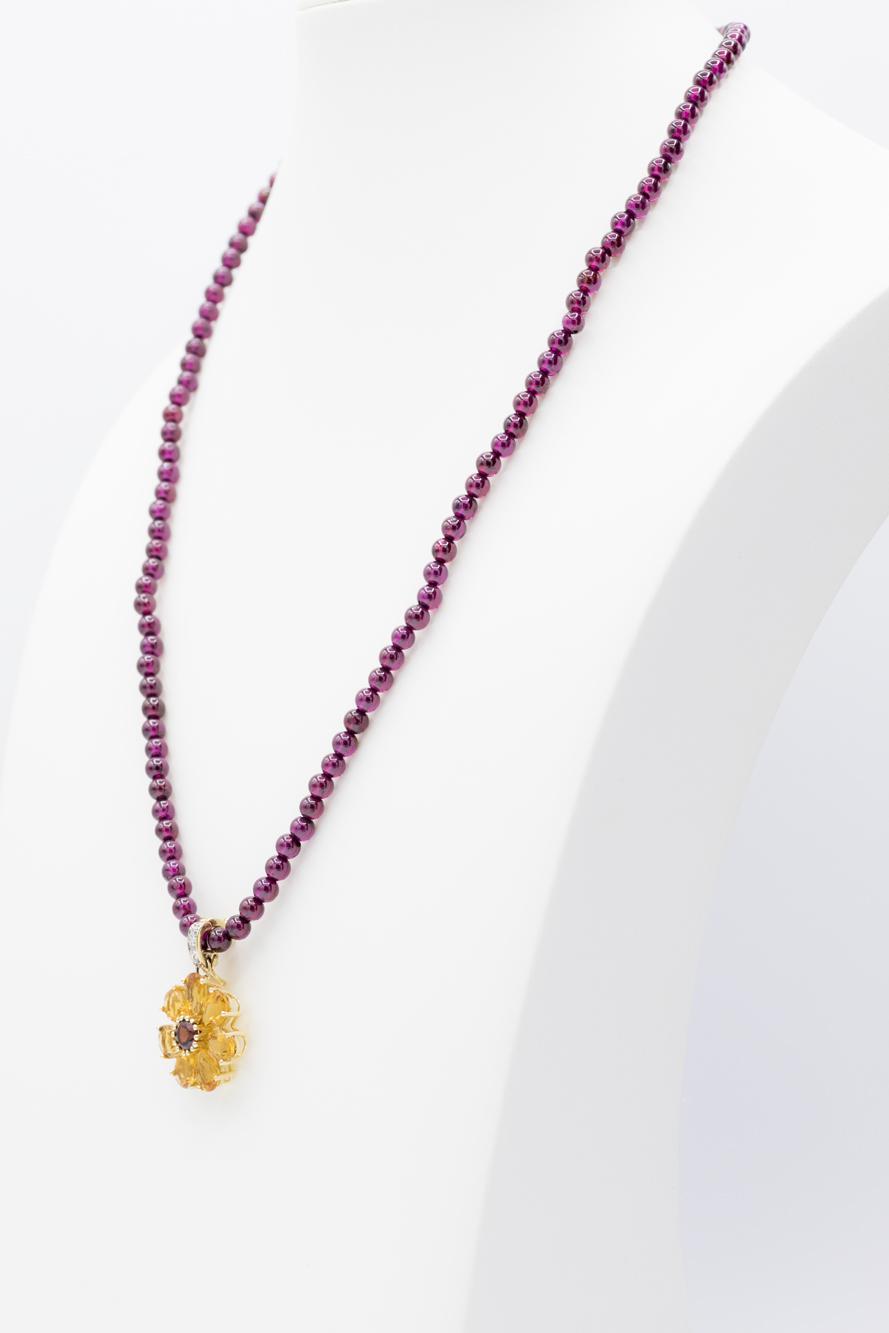 Citrine-Garnet Flower Pendant on Garnet Bead Necklace, 14K Yellow Gold