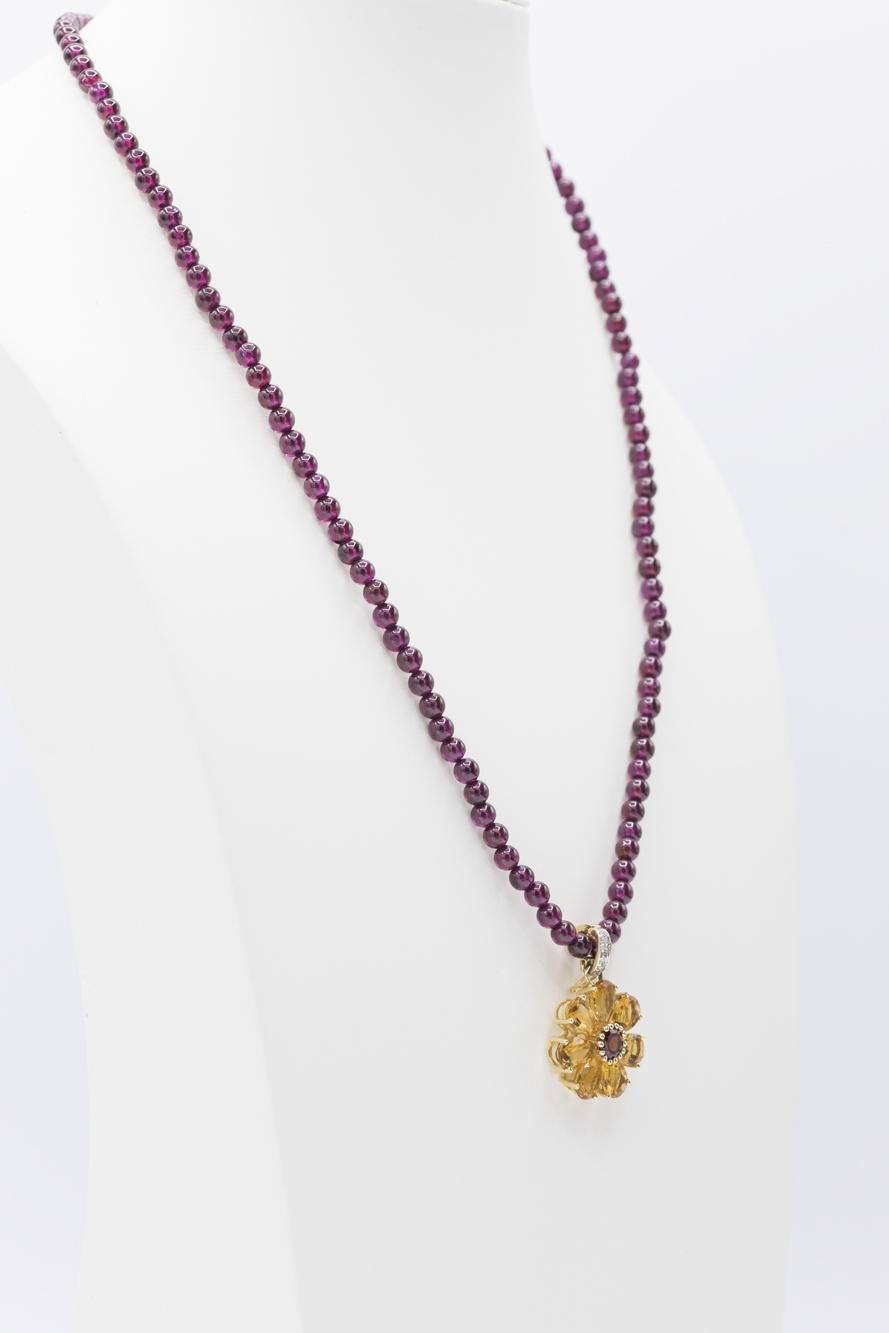Citrine-Garnet Flower Pendant on Garnet Bead Necklace, 14K Yellow Gold