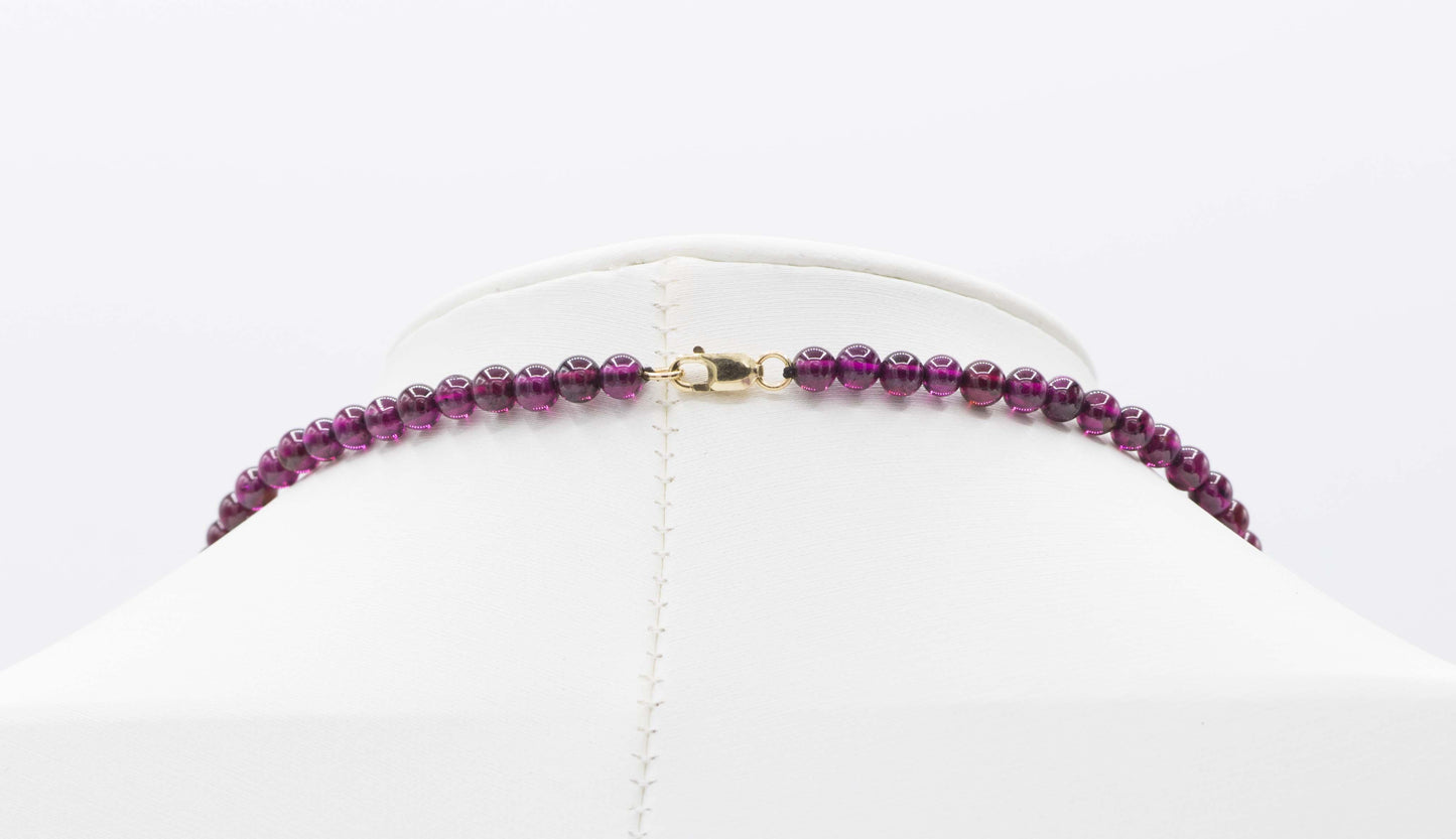 Citrine-Garnet Flower Pendant on Garnet Bead Necklace, 14K Yellow Gold