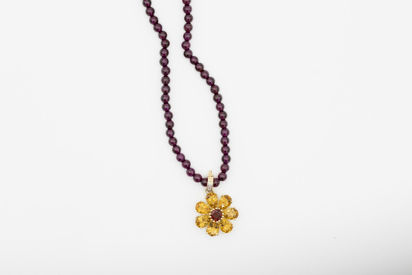 Citrine-Garnet Flower Pendant on Garnet Bead Necklace, 14K Yellow Gold