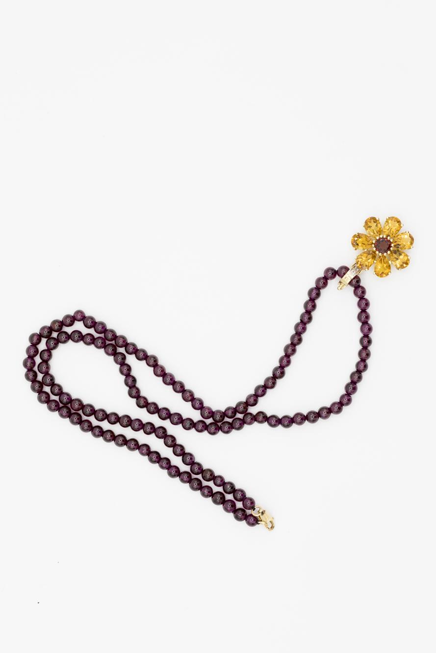 Citrine-Garnet Flower Pendant on Garnet Bead Necklace, 14K Yellow Gold