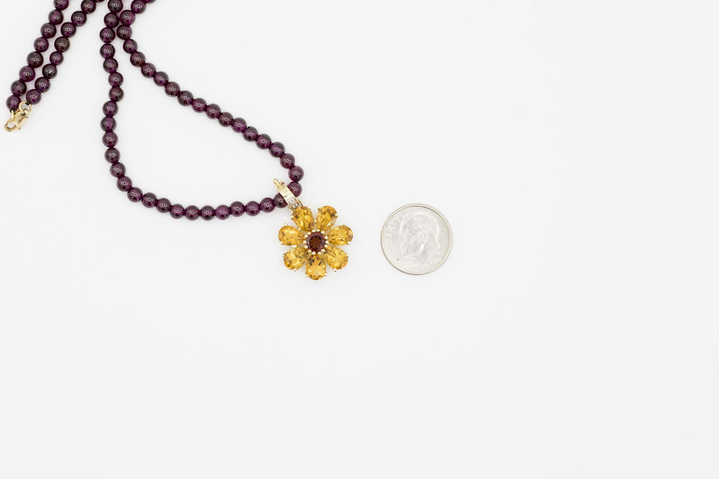 Citrine-Garnet Flower Pendant on Garnet Bead Necklace, 14K Yellow Gold