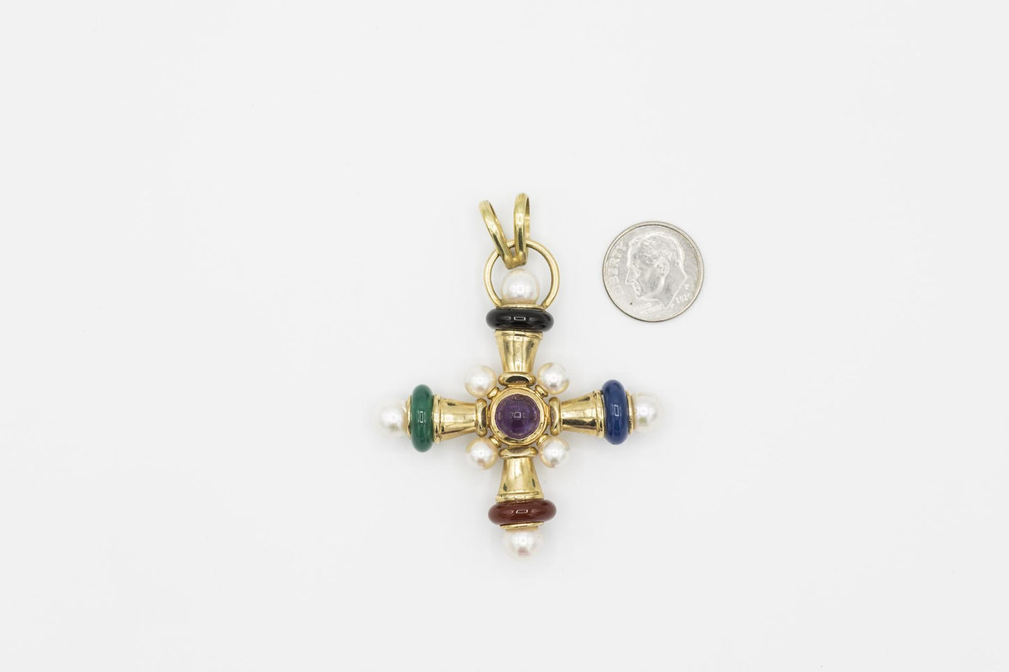 Fabulous Cultured Pearl Cross Pendant with Semiprecious Stones in 14K YG