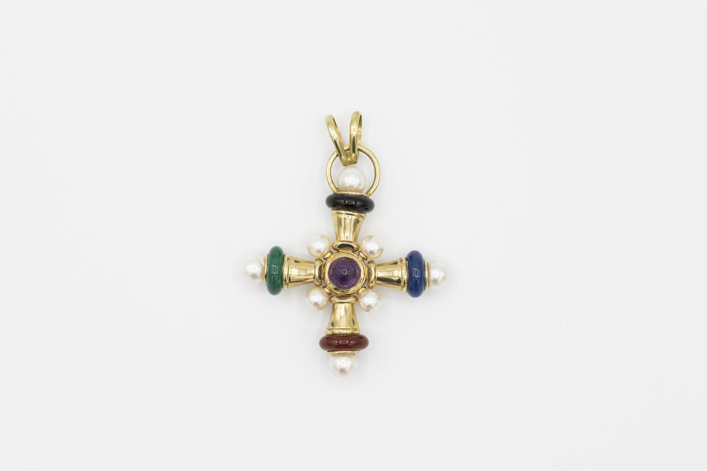 Fabulous Cultured Pearl Cross Pendant with Semiprecious Stones in 14K YG