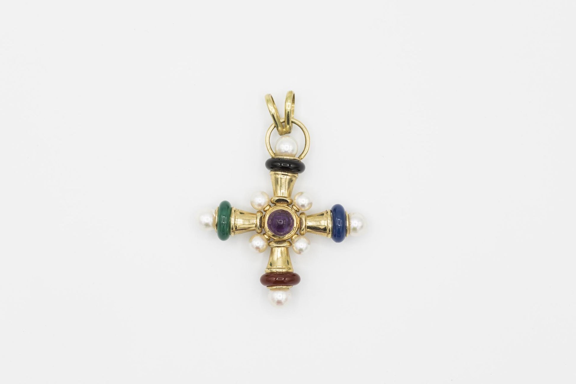 Fabulous Cultured Pearl Cross Pendant with Semiprecious Stones in 14K YG