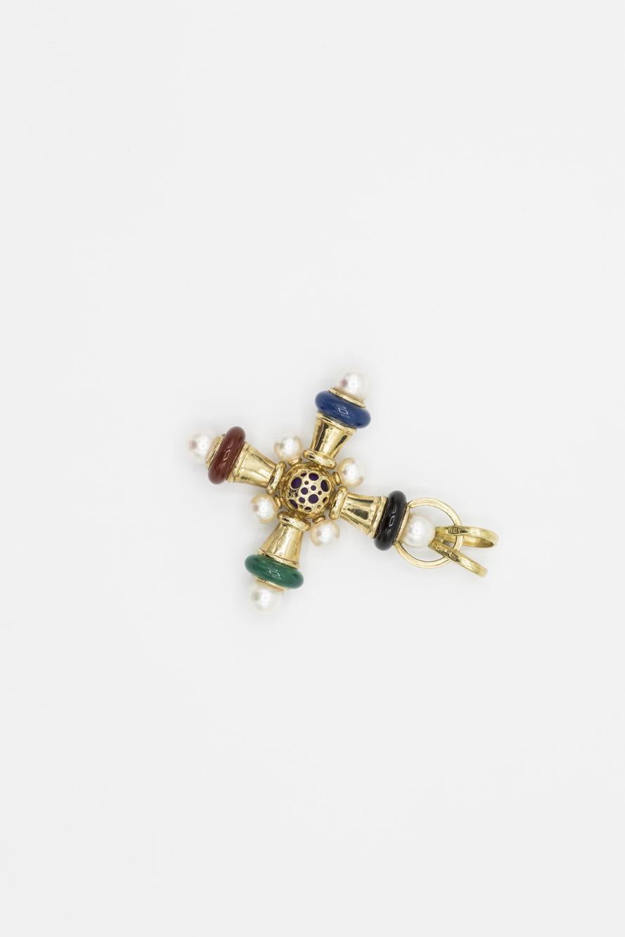 Fabulous Cultured Pearl Cross Pendant with Semiprecious Stones in 14K YG