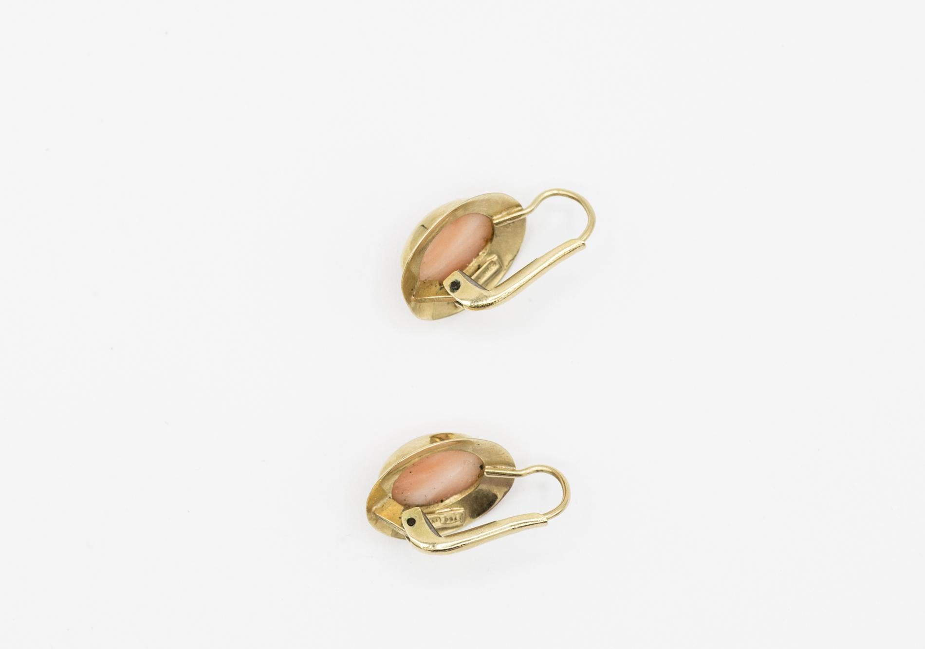 Angel Skin Coral Cabochon Earrings in 18K YG