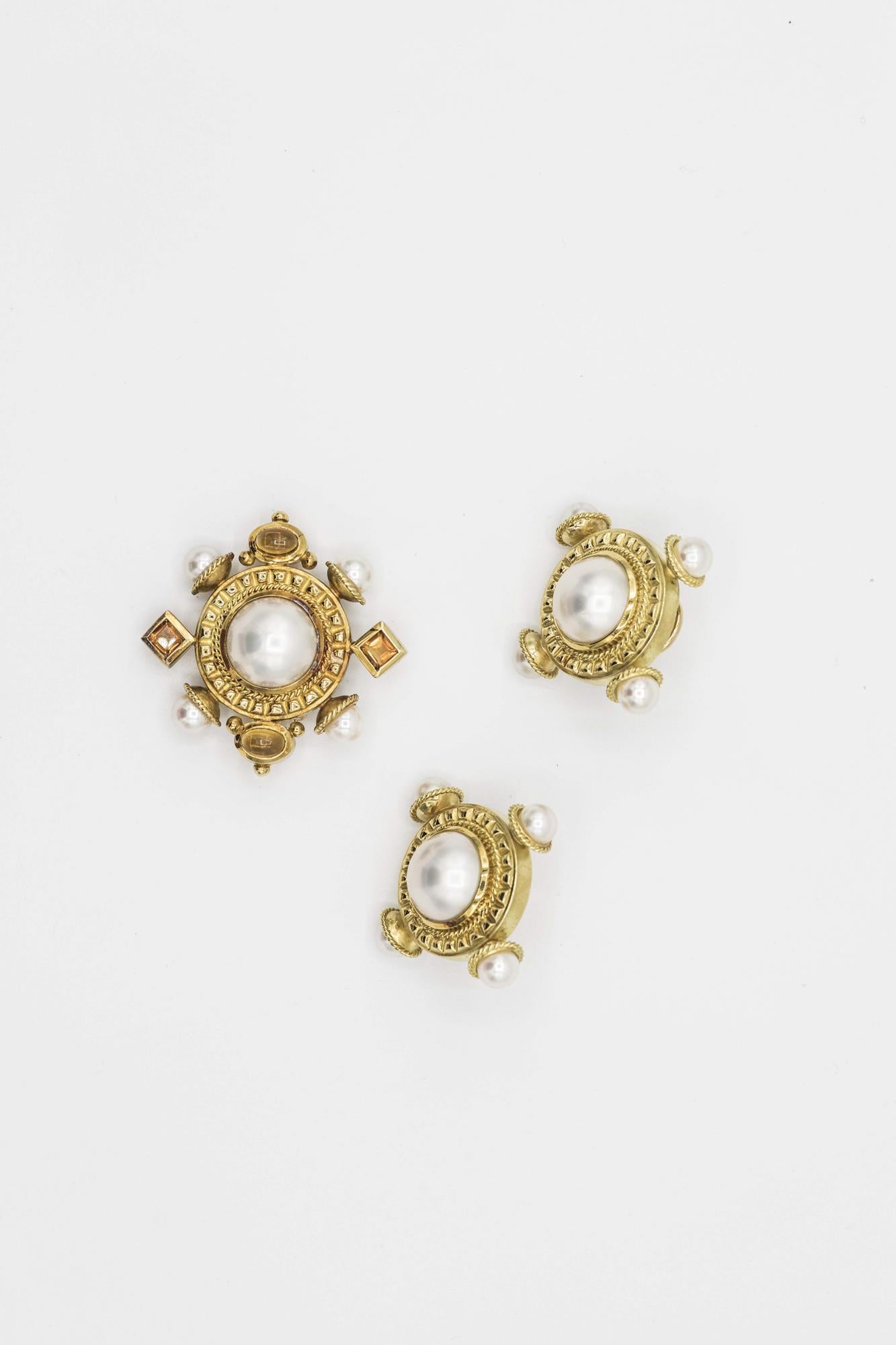 Pearl 18K Yellow Gold Earring and Brooch Set