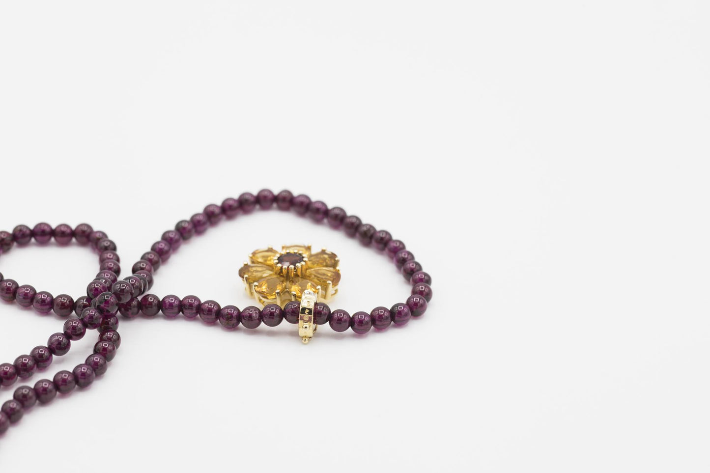 Citrine-Garnet Flower Pendant on Garnet Bead Necklace, 14K Yellow Gold