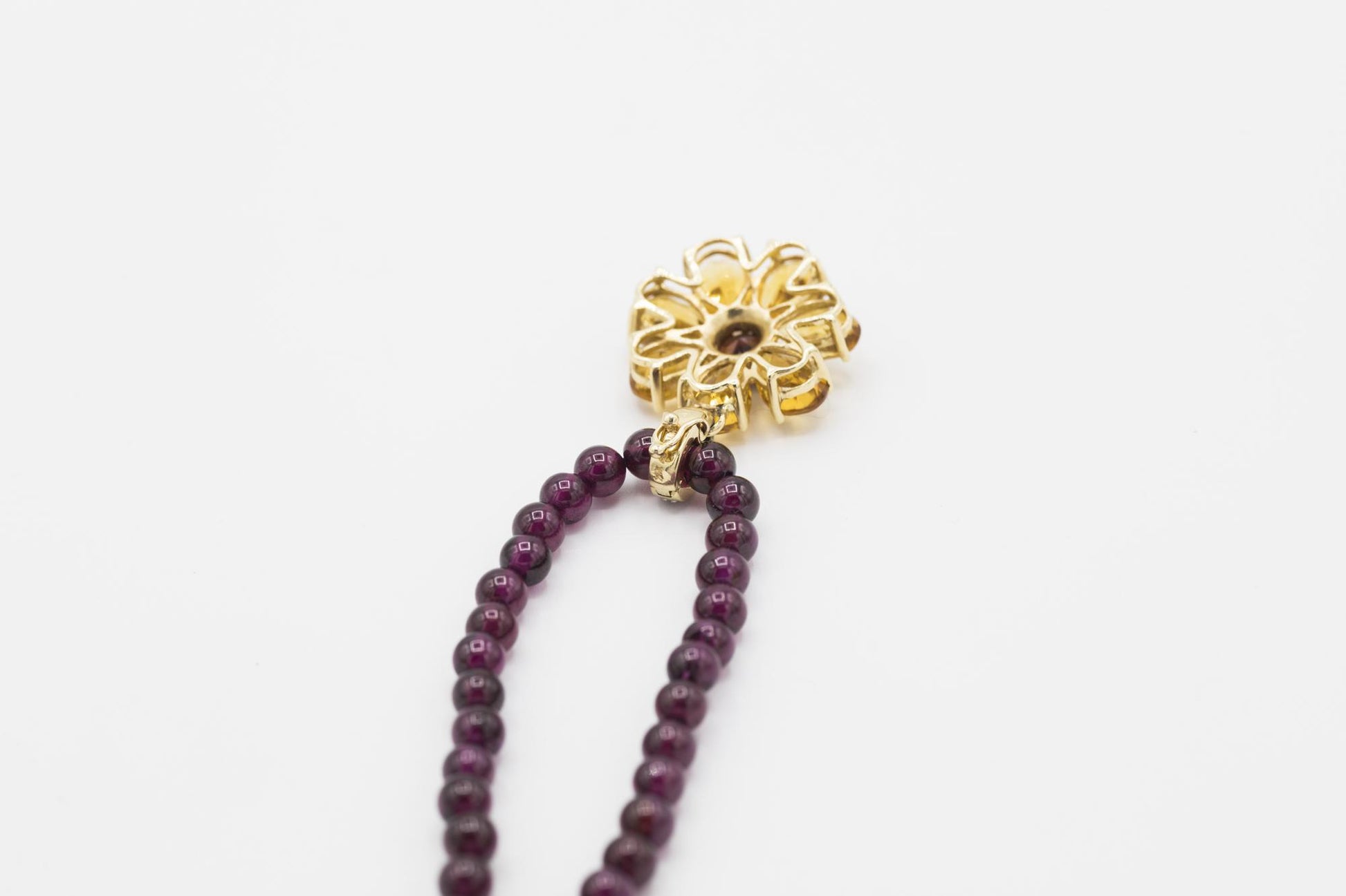 Citrine-Garnet Flower Pendant on Garnet Bead Necklace, 14K Yellow Gold