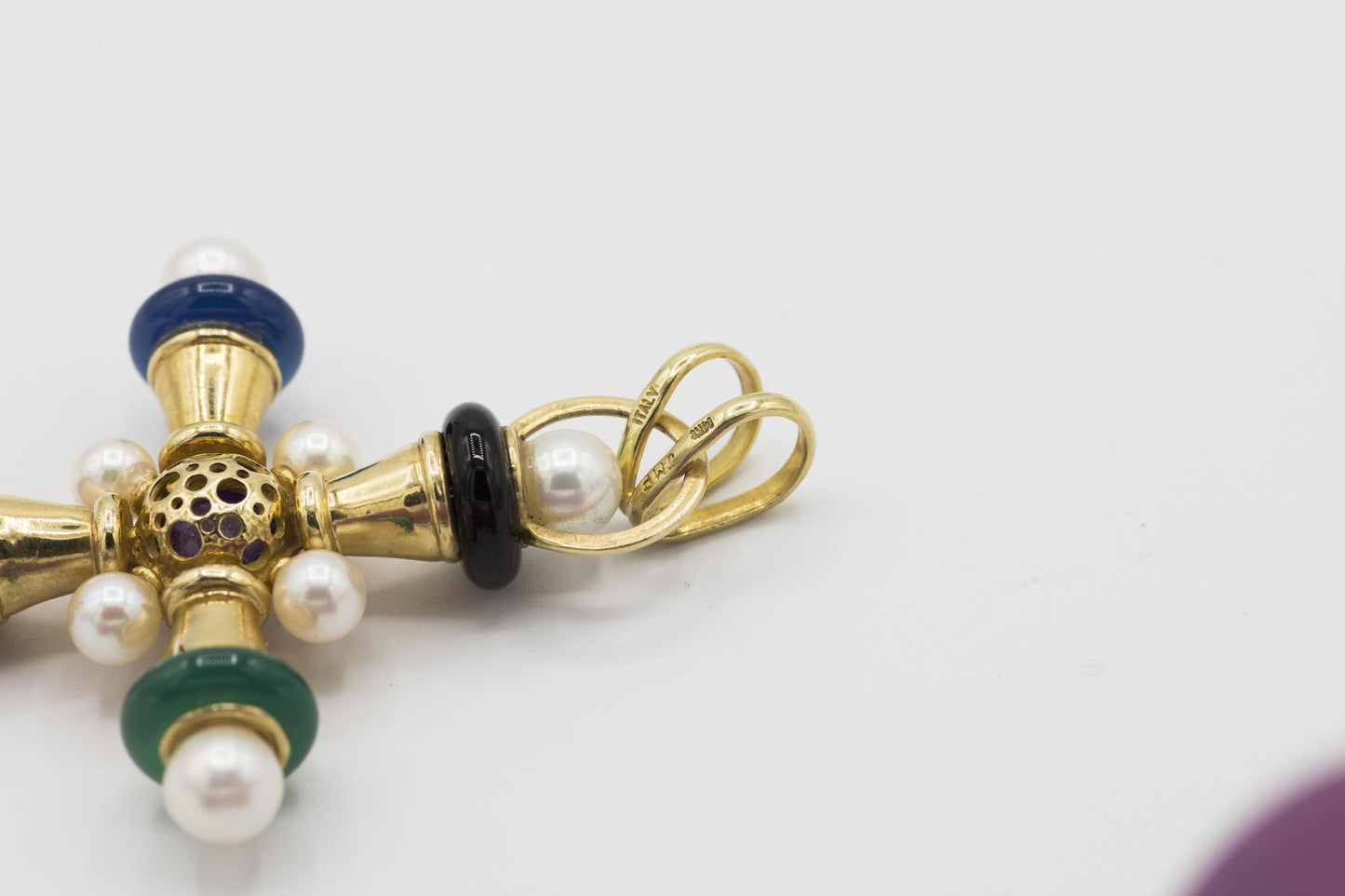 Fabulous Cultured Pearl Cross Pendant with Semiprecious Stones in 14K YG