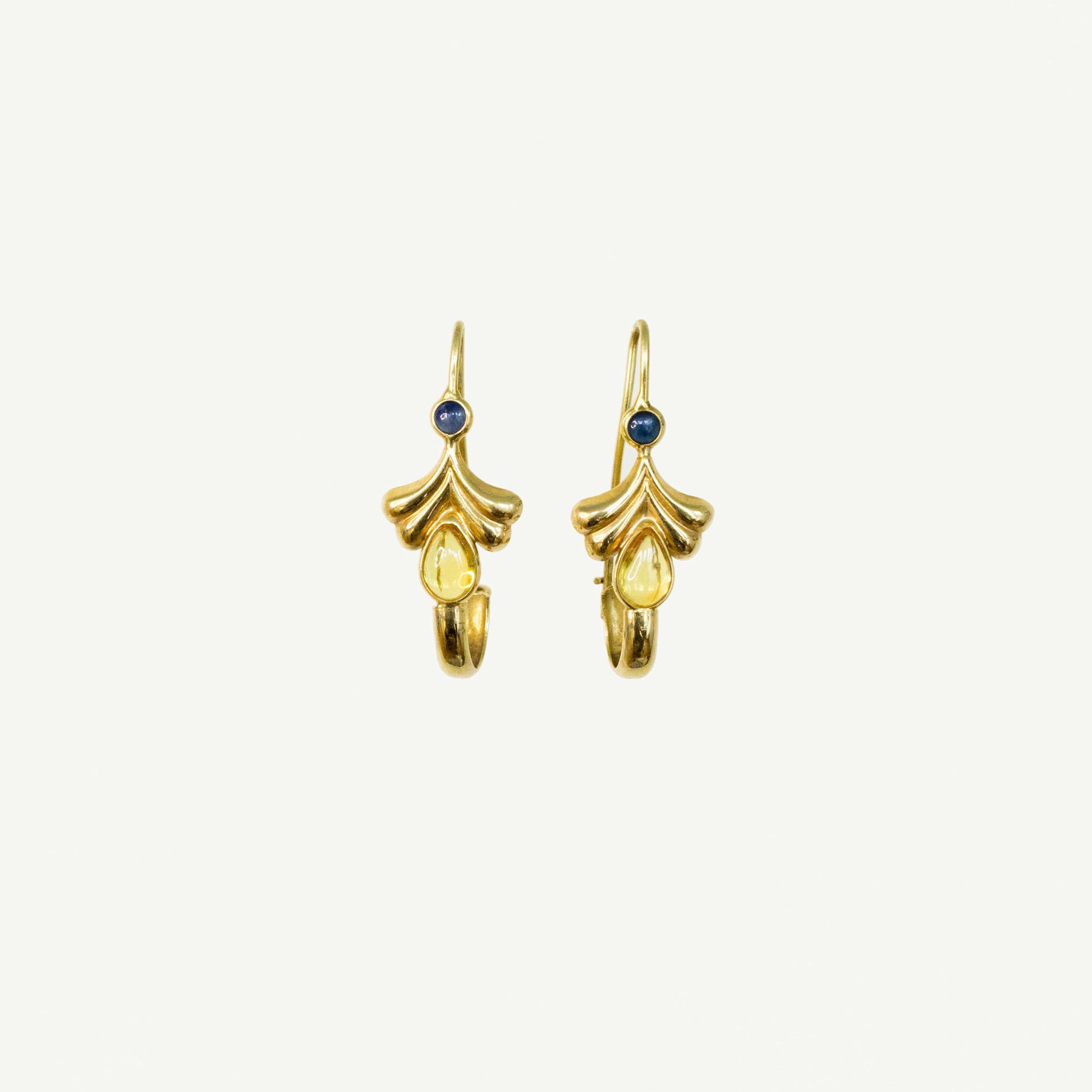 18K Yellow Gold Drop Earrings with Yellow Sapphire and Blue Spinel