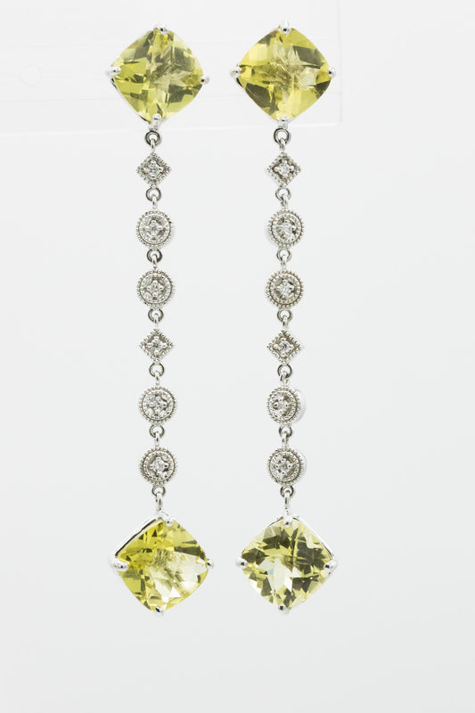 Sparkly Citrine Diamond Drop Earrings in 14K White Gold