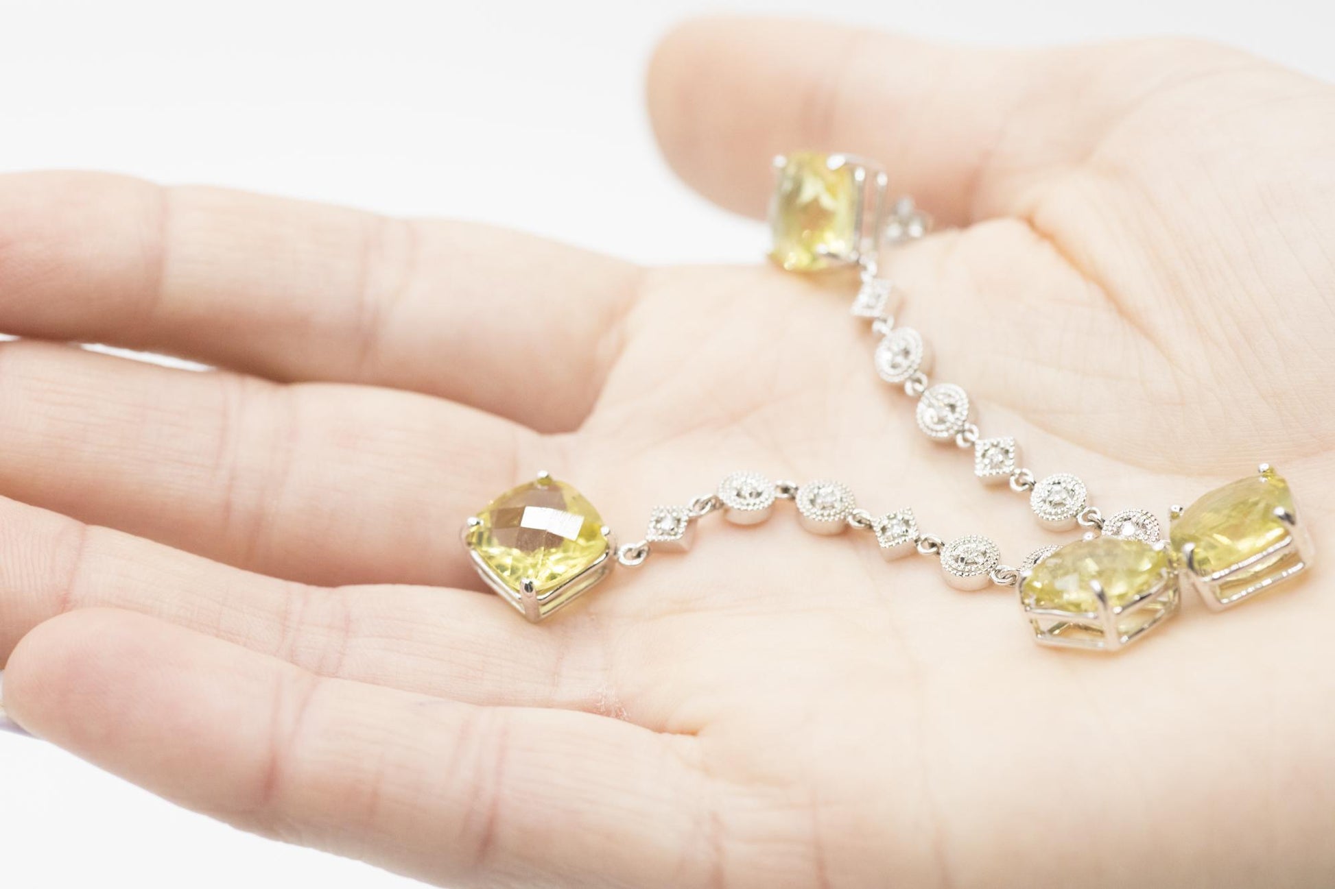 Sparkly Citrine Diamond Drop Earrings in 14K White Gold