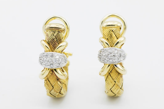 Stunning 14 K Yellow Gold-Diamond Braided J-hoop Italian Earrings