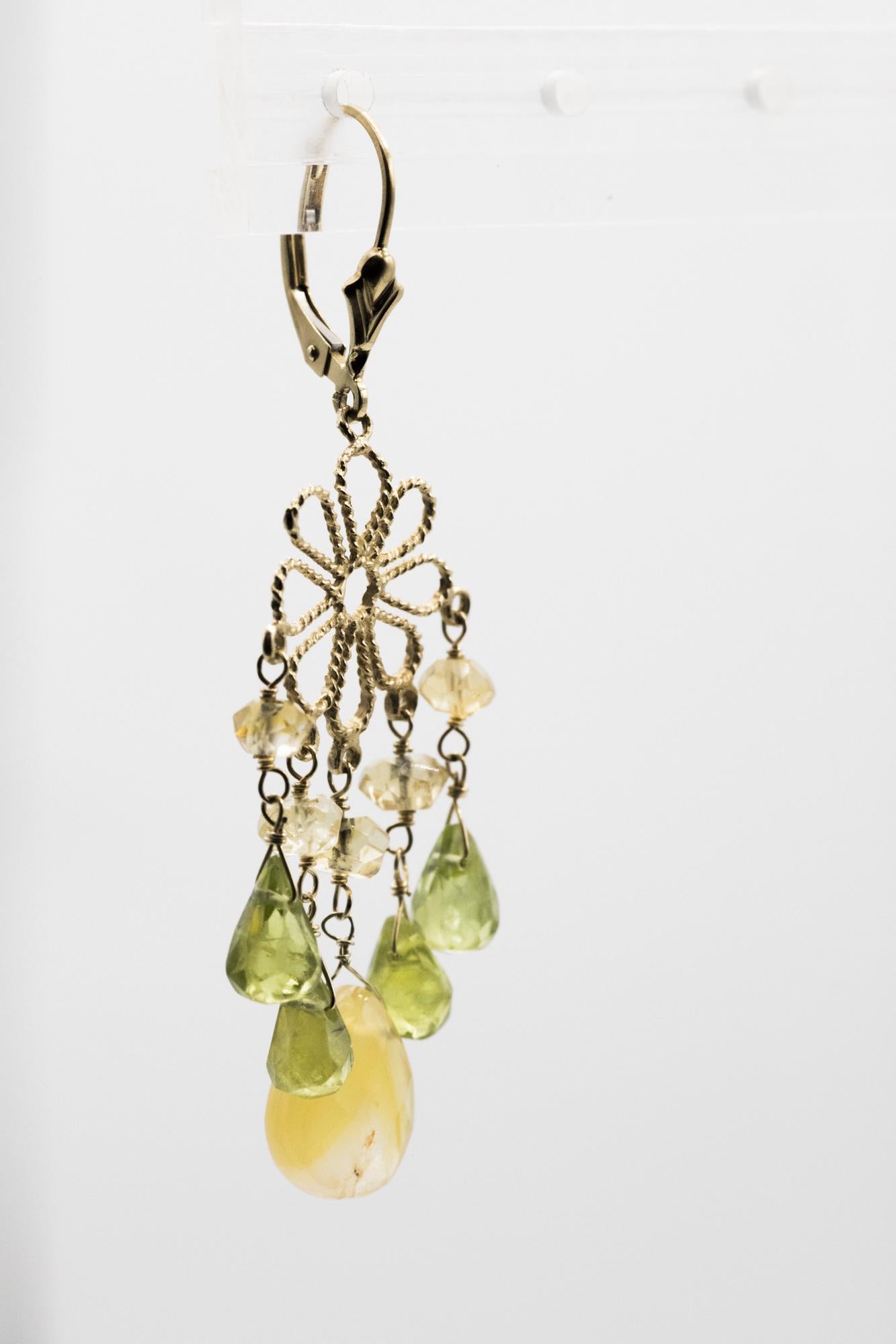 Boho Peridot, Chalcedony, & Citrine Chandelier Earrings