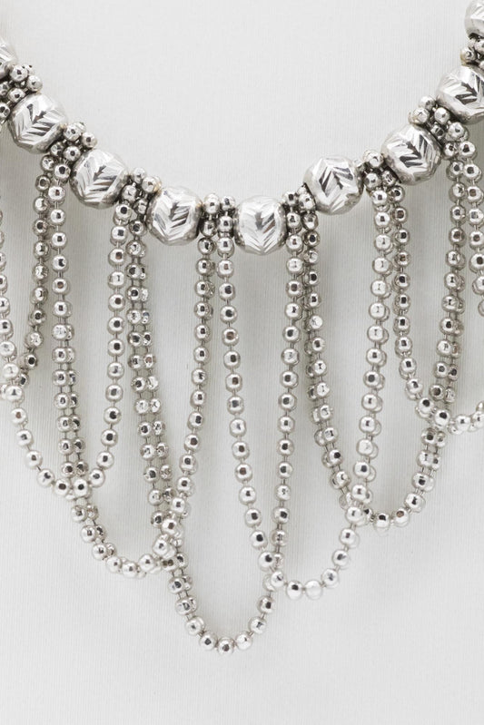 18K White Gold Bead & Loop Graduated Fringe Ball Chain Necklace