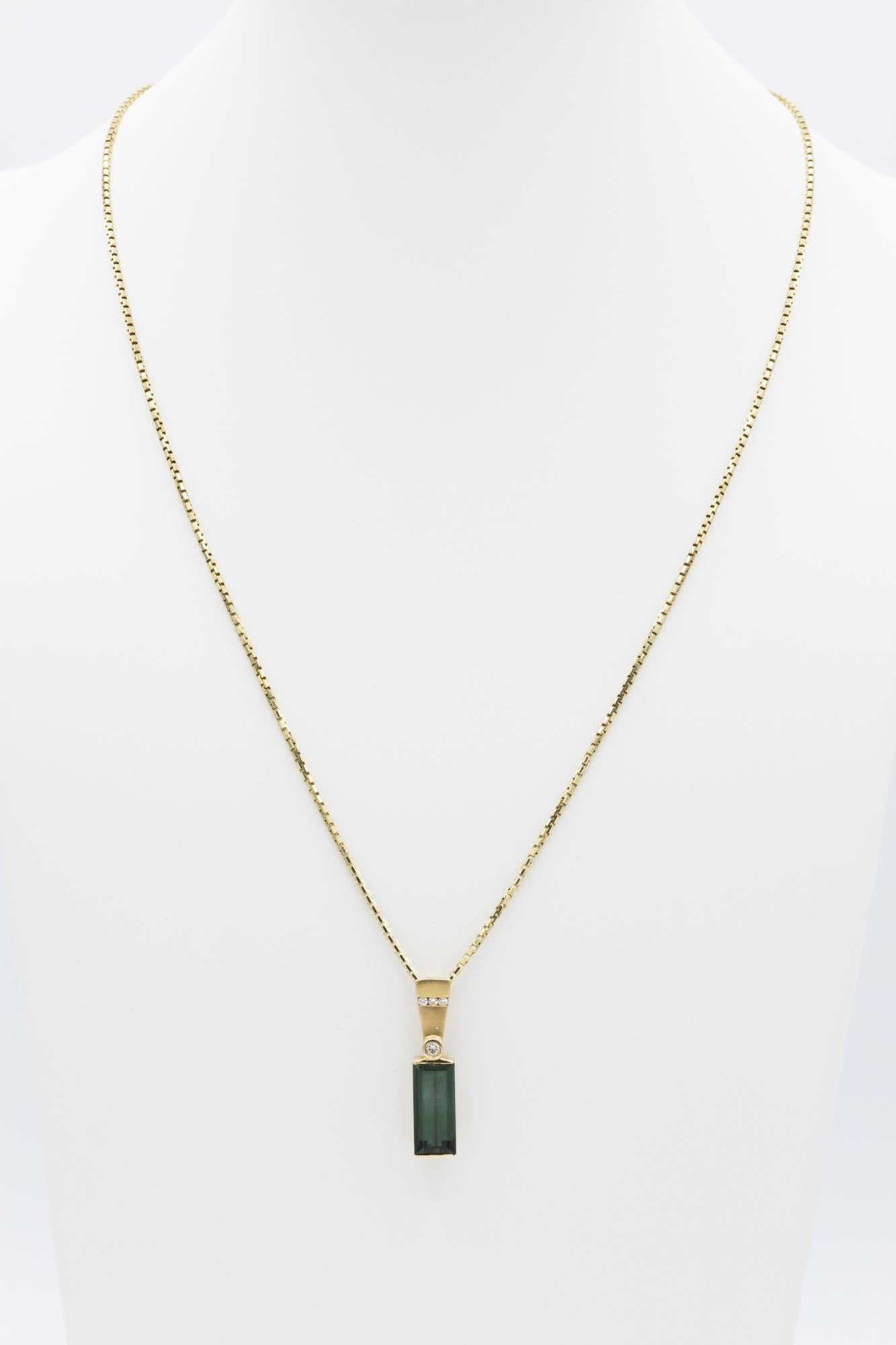 Green Tourmaline-Diamond Pendant on 14K Yellow Gold Box Chain