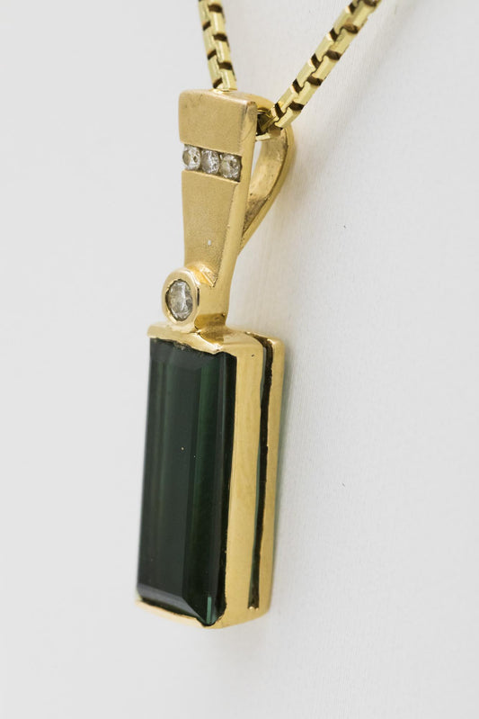 Green Tourmaline-Diamond Pendant on 14K Yellow Gold Box Chain