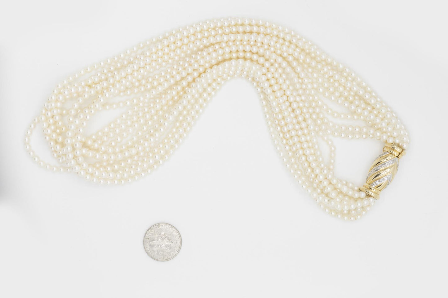 Multi-Strand Pearl Necklace with 18K Yellow Gold Diamond Clasp