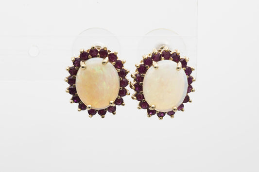 14K Yellow Gold Opal-Ruby Earrings