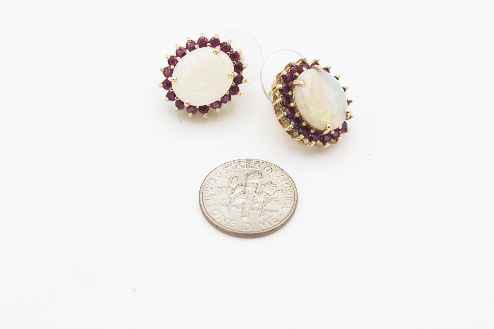 14K Yellow Gold Opal-Ruby Earrings