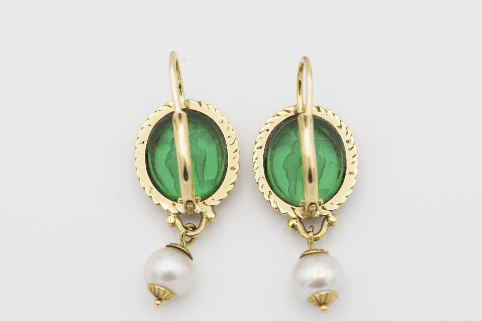 18K Green Intaglio Glass and Cultured Pearl Earrings