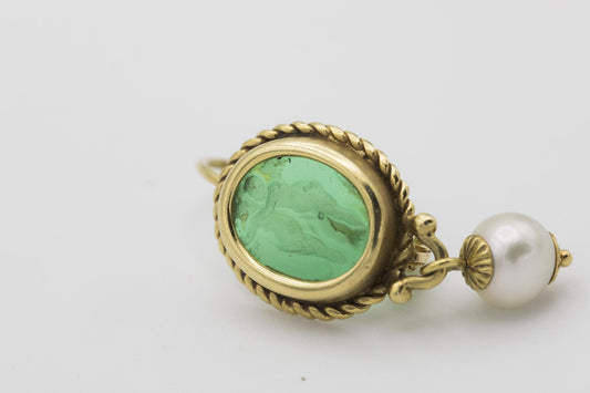 18K Green Intaglio Glass and Cultured Pearl Earrings