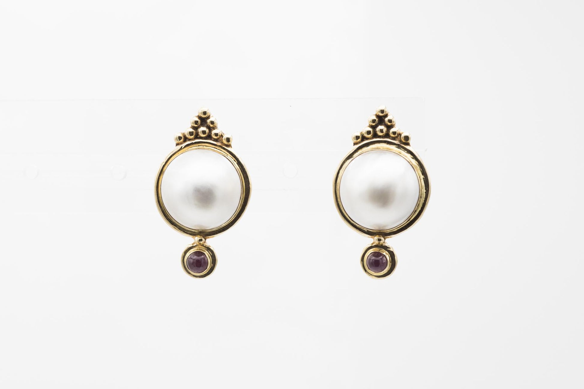 14K Pearl & Cabochon Ruby Earrings by Susan Drabkin