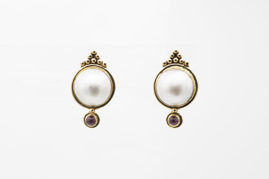 14K Pearl & Cabochon Ruby Earrings by Susan Drabkin