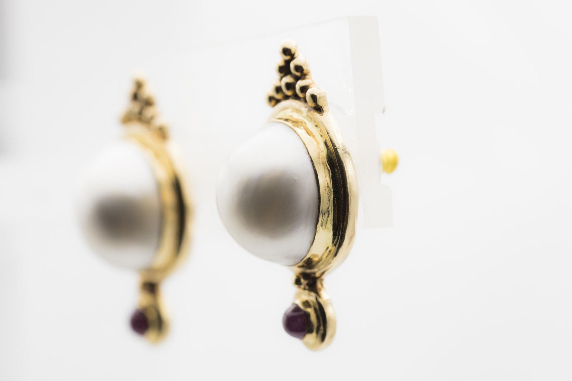 14K Pearl & Cabochon Ruby Earrings by Susan Drabkin