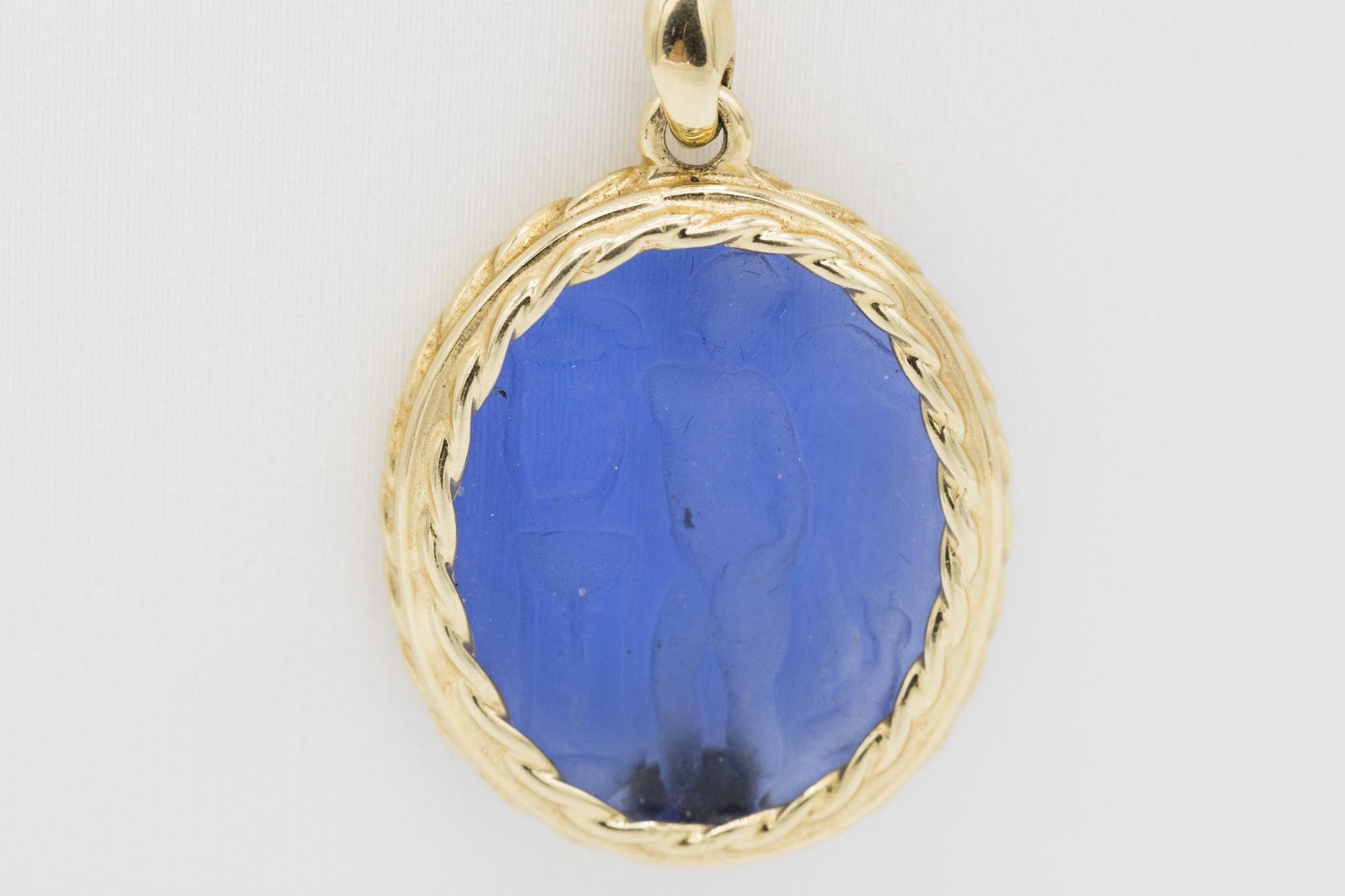 14K Blue Venetian Intaglio Glass Lariat Necklace