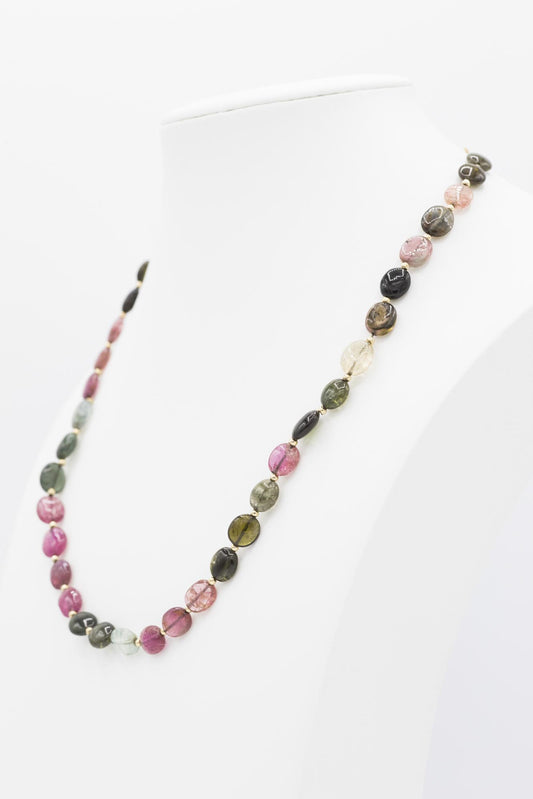 18K Yellow Gold Pink & Green Tourmaline Beaded Necklace