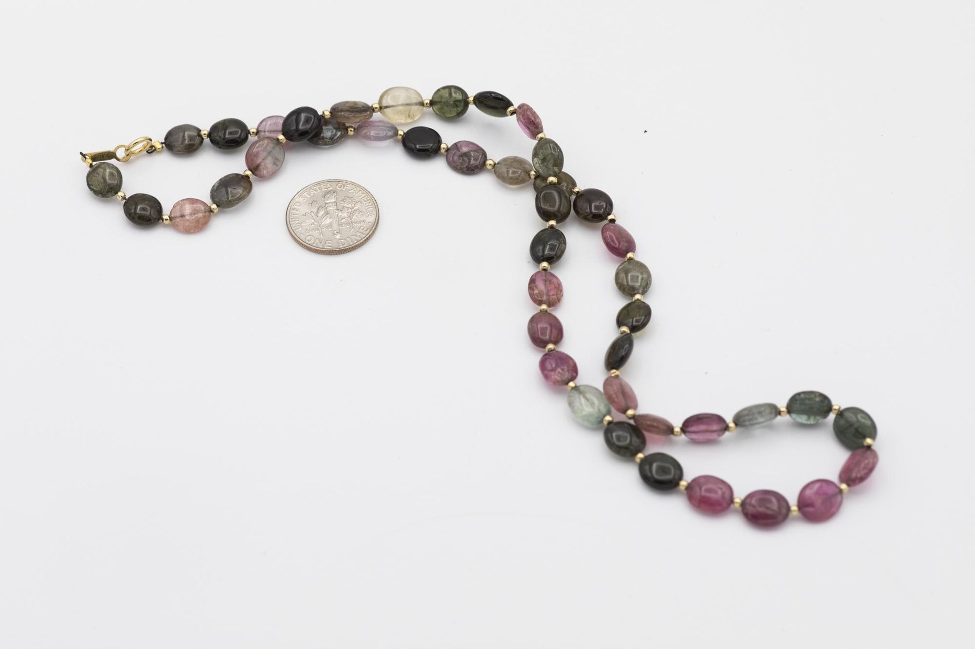 18K Yellow Gold Pink & Green Tourmaline Beaded Necklace