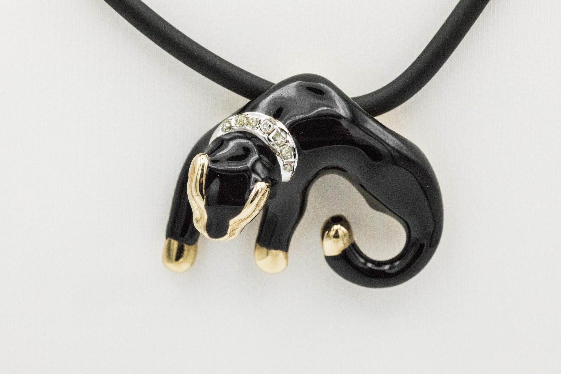 14K Black Enamel Panther Slide Pendant with White & Topaz Collar