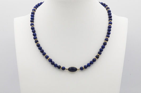 Lapis Beaded Oval Pendant Set in 14K Yellow Gold