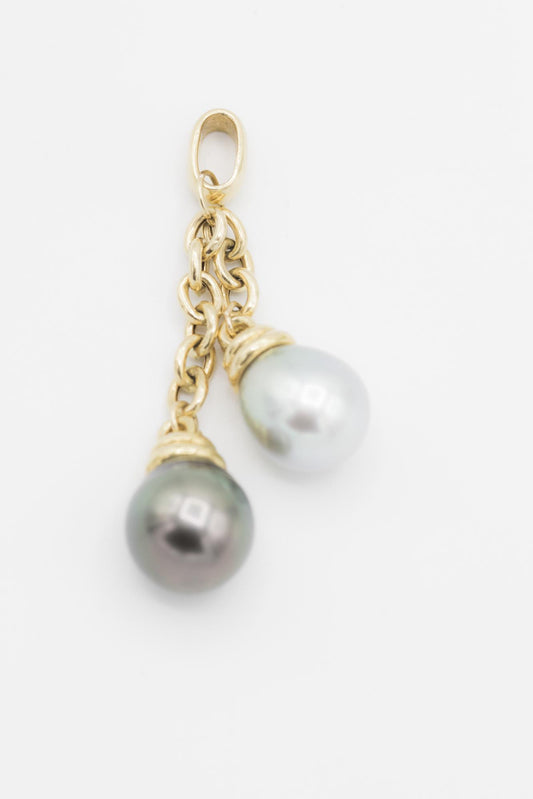 18K Yellow Gold Dual Gray Tahitian Pearl Chain Pendant
