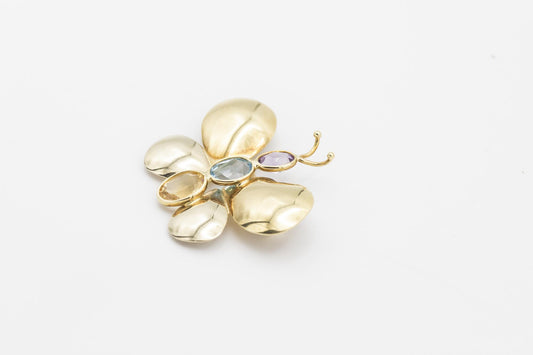 18K YG Amethyst, Blue Topaz, & Citrine Butterfly Brooch