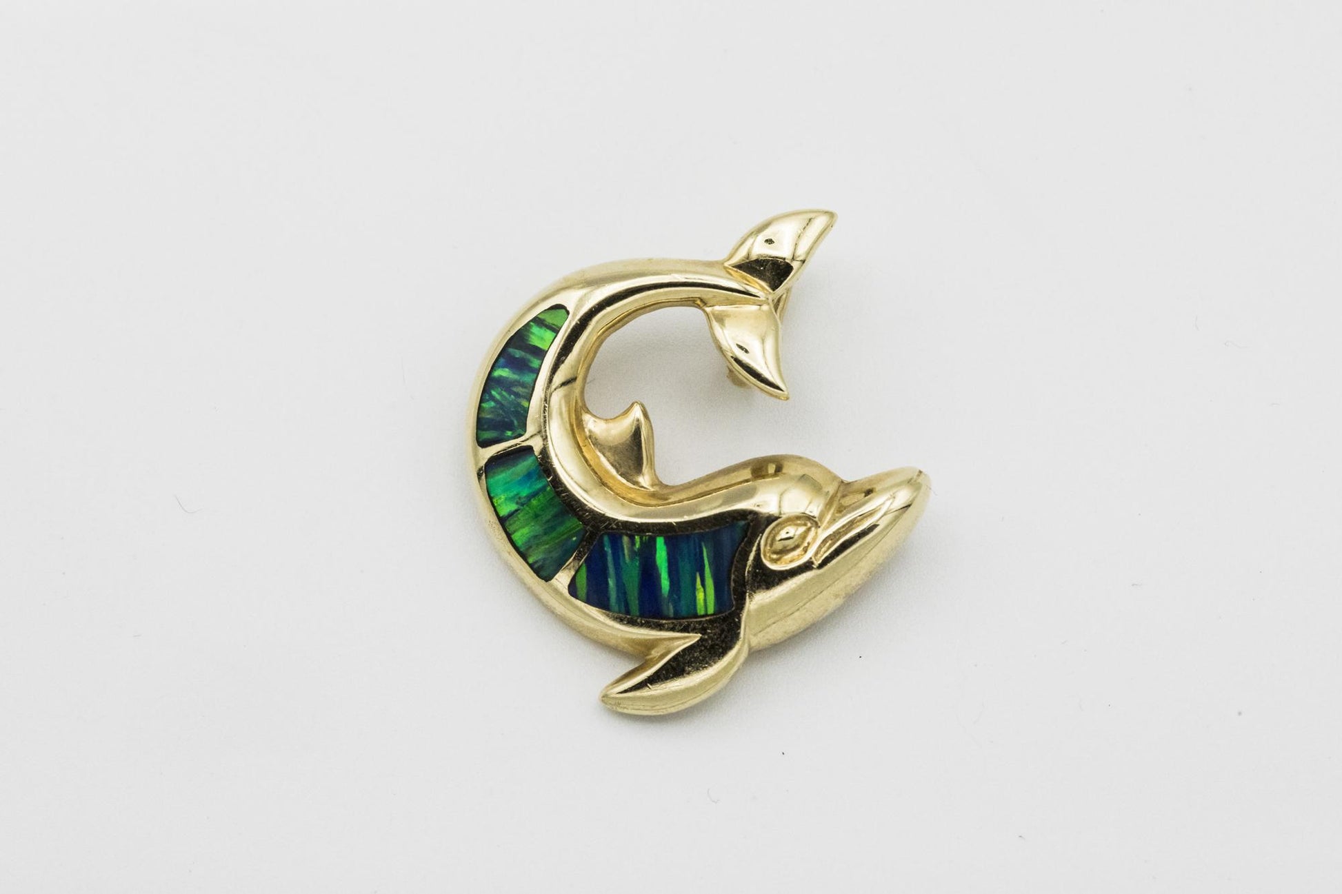 Joyful Leaping Dolphin Pendant with Opal Set in 14K Gold